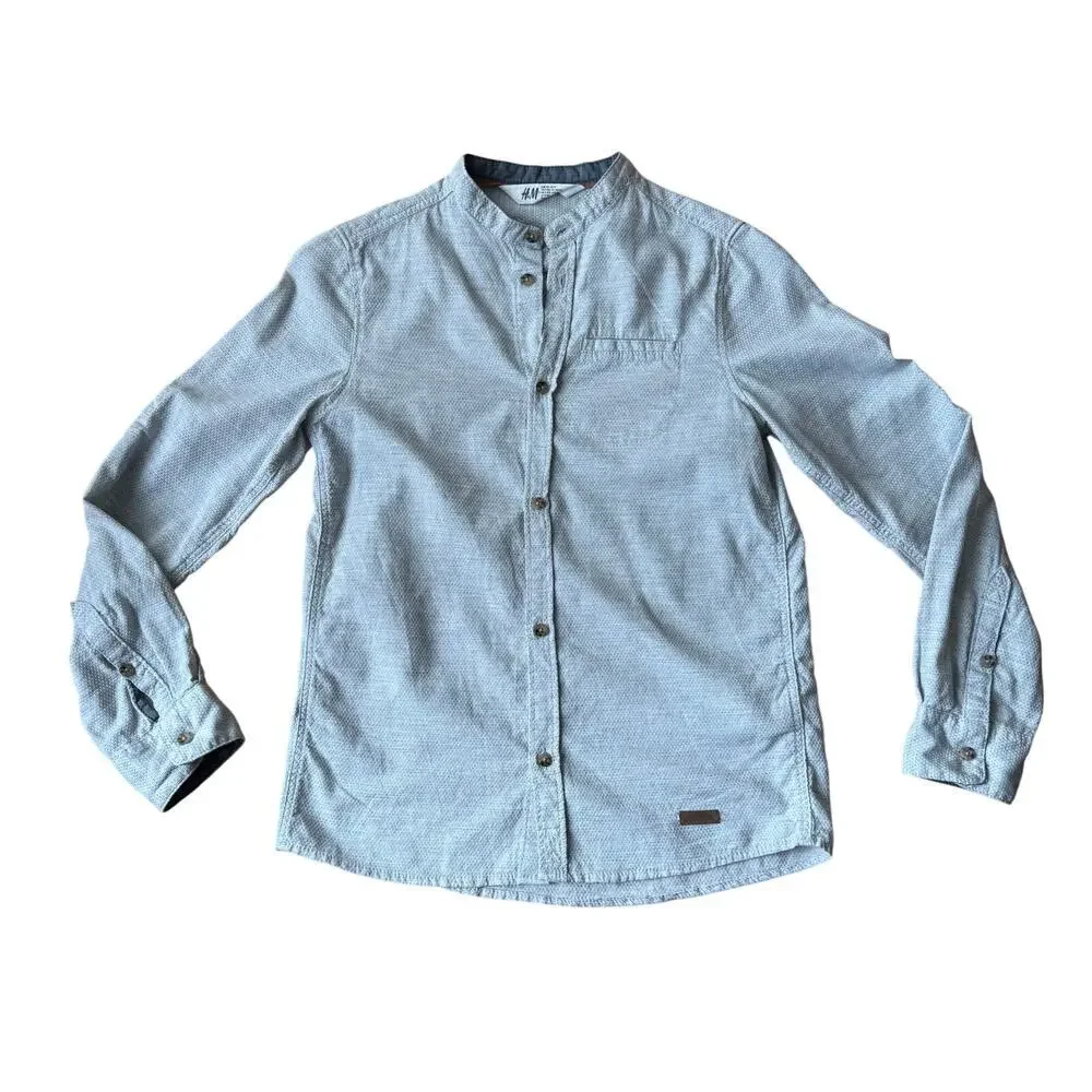 H&M Boys Gray Blue Mock Neck Lightweight Woven Button Down Shirt Size 10 Casual